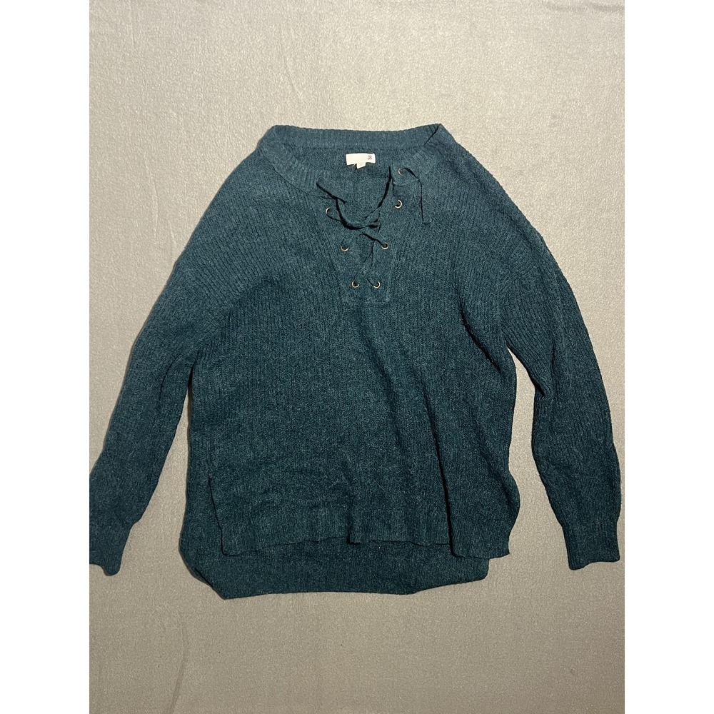 SO Women's Teal Ribbed Knit Lace-Up Sweater Size‎ Small S Long Sleeve Pullover